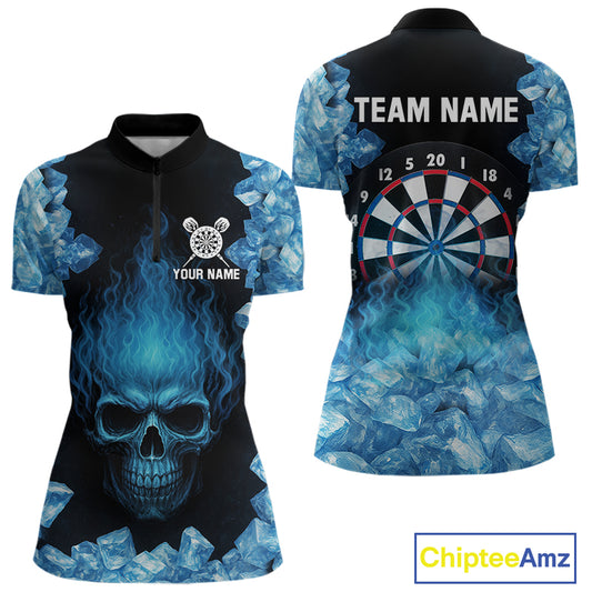 Ice Flame Skull & Dartboard Custom Darts Quarter-Zip Shirt For Women - Darts Team Jersey NYN0743