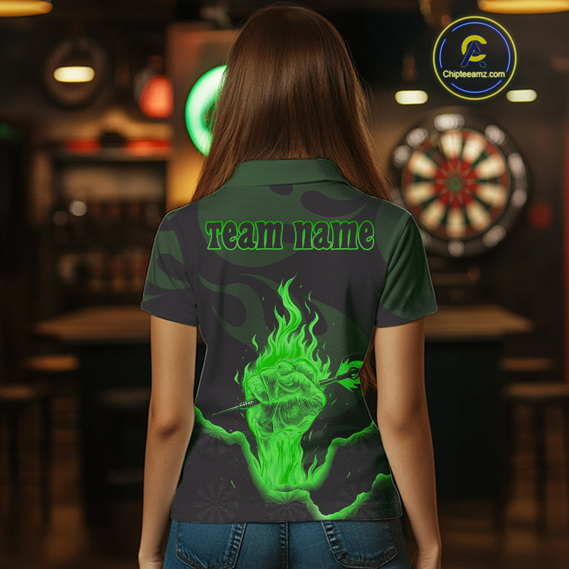 Custom Green Flaming Dart Arrow Polo & 1/4-Zip Darts Shirts Outfit Darts Jersey For Women NYN1052