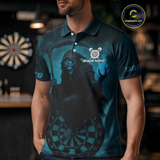 Custom Turquoise Flames Skeleton Dartboard Dart Shirt For Men Dart Tournament Jerseys NYN1411