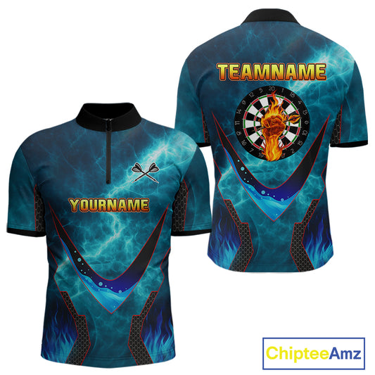 Lightning Turquoise Flame Hand & Darts Men's Darts Shirt - Custom Name For Players NYN0542