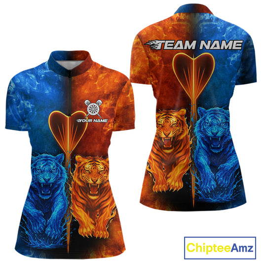 Water-Flame Tiger Dart Arrow Women's Darts 1/4-Zip Shirt - Custom Name For Darts Jersey NYN0757