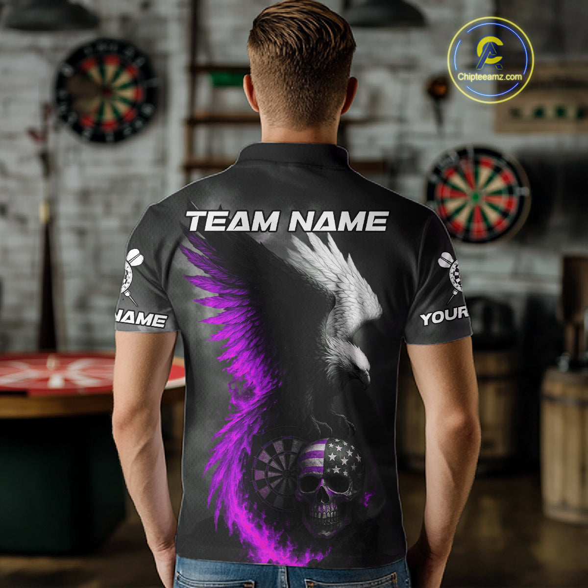 Custom Patriotic Dart Shirt For Men Personalized Skull Purple Eagle Dart Team Jerseys NYN1061