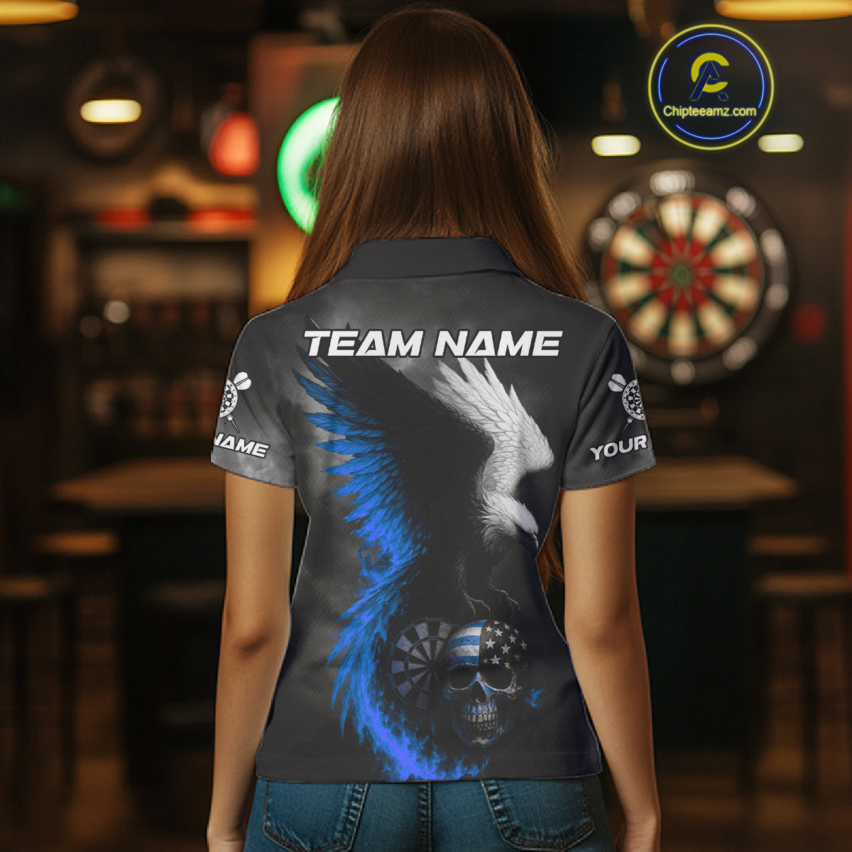 Custom Patriotic Dart Shirt For Women Personalized Skull Blue Eagle Dart Team Jerseys NYN1062