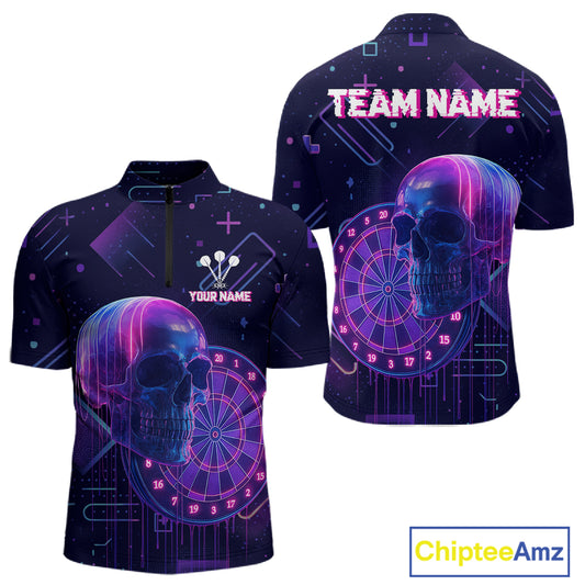 Custom Black & Purple Cyberpunk Dart Shirt For Men Neon Skull Dart Team Jerseys NYN1069