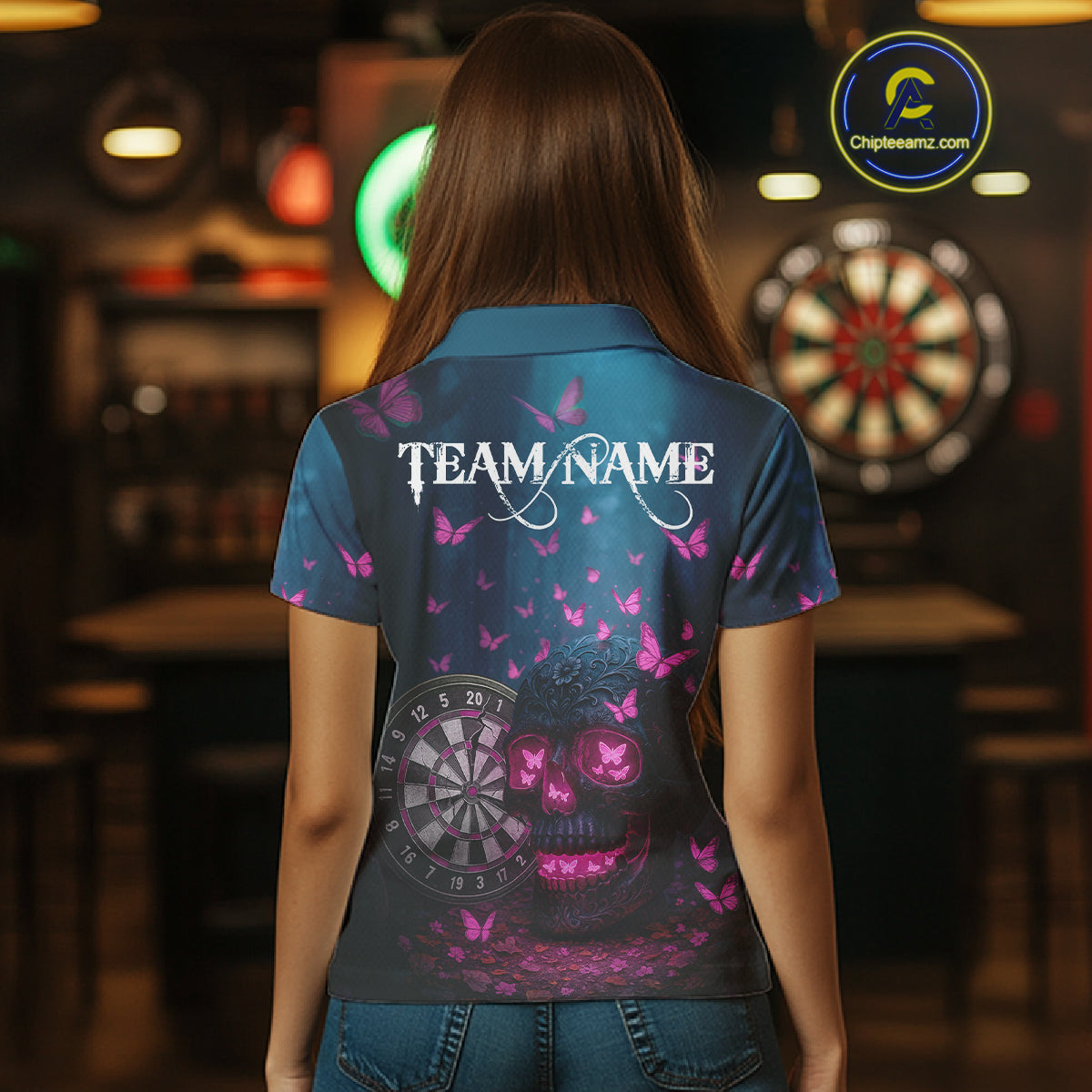 Custom Blue And Pink Butterflies Skull Dart Shirt For Women Romantic Darts Team Jerseys NYN1070