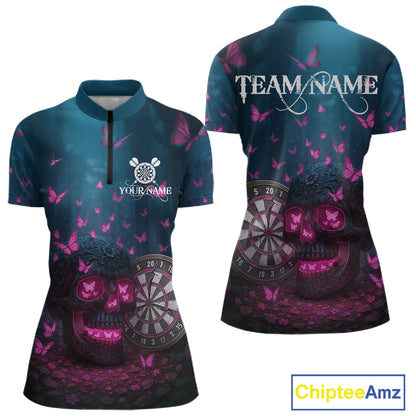 Custom Blue And Pink Butterflies Skull Dart Shirt For Women Romantic Darts Team Jerseys NYN1070