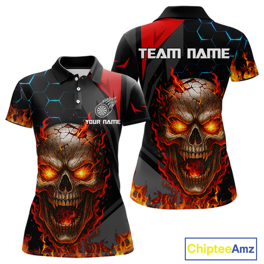Flaming Skull Dartboard Red Black Darts Shirt For Women - Custom Name For Players NYN0556
