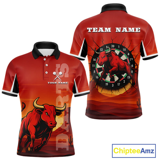 Red Rampage Bull & Cracked Dartboard Men's Darts Shirt - Custom Name For Players NYN0558