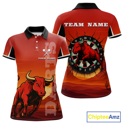 Red Rampage Bull & Cracked Dartboard Women's Darts Shirt - Custom Name For Players NYN0558