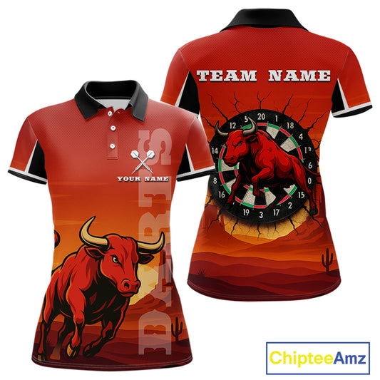 Red Rampage Bull & Cracked Dartboard Women's Darts Shirt - Custom Name For Players NYN0558