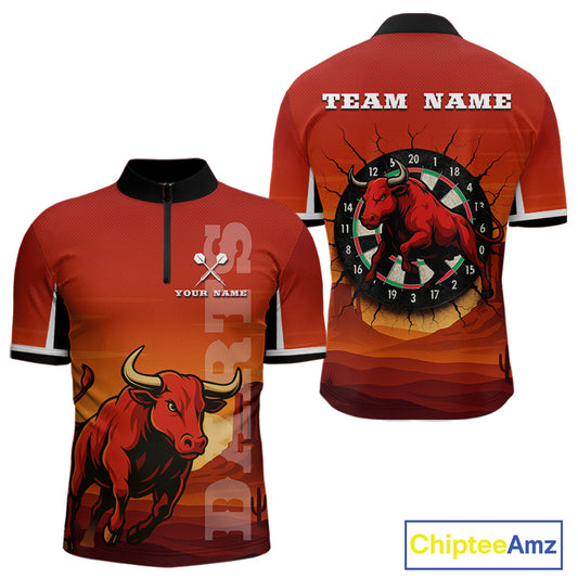Red Rampage Bull & Cracked Dartboard Men's Darts Shirt - Custom Name For Players NYN0558