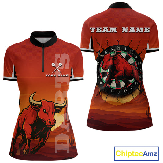 Red Rampage Bull & Cracked Dartboard Women's Darts Shirt - Custom Name For Players NYN0558