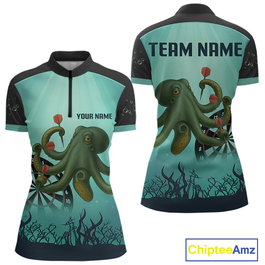 Custom Women's Darts 1/4-Zip Jersey Green Octopus Play Dart Arrows For Darts Team NYN0767