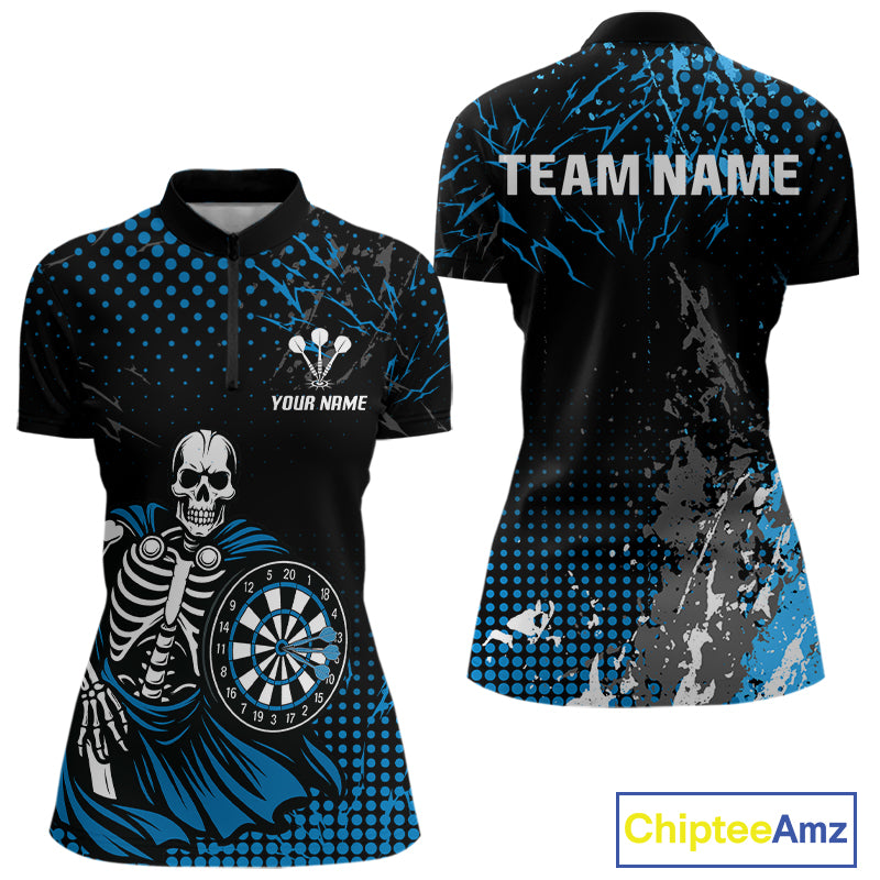 Black Blue Dartboard Skeleton Grunge Women's Darts Shirt - Custom Name For Players NYN0567