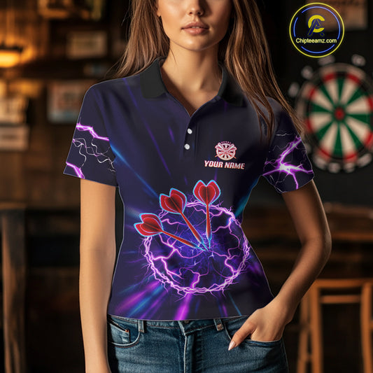 Purple Circle Thunder & Red Dart Arrows Women's Darts Shirt - Custom Name For Players NYN0568
