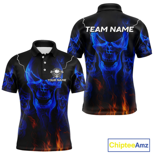 Custom Men's Darts Polo Jersey Flaming Blue Skull Dartboard For Darts Team NYN0773