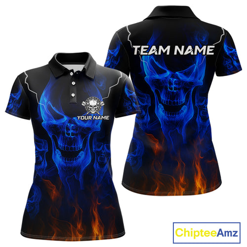Custom Women's Darts Polo Jersey Flaming Blue Skull Dartboard For Darts Team NYN0773