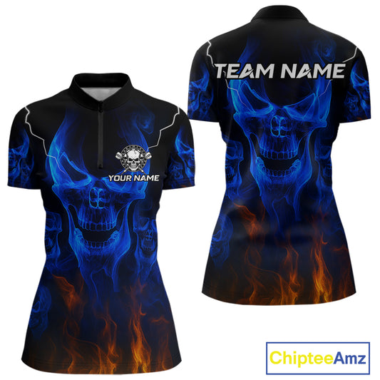 Custom Women's Darts Quarter-Zip Jersey Flaming Blue Skull Dartboard For Darts Team NYN0773