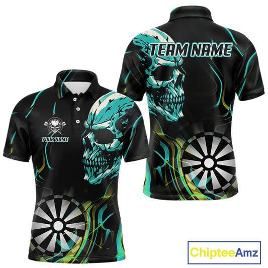 Turquoise Skull And Dartboard Custom Darts Polo Shirts For Men, Darts Jersey NYN0777