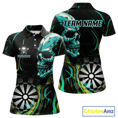 Turquoise Skull And Dartboard Custom Darts Polo Shirts For Women, Darts Jersey NYN0777