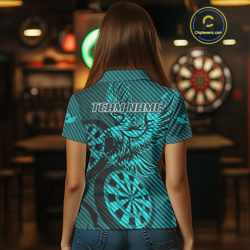 Custom Eagle & Dartboard Turquoise Stripes Dart Polo Shirts For Women, Dart Team Jerseys NYN0783