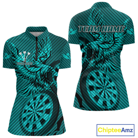 Custom Eagle & Dartboard Turquoise Stripes Dart 1/4-Zip Shirts For Women, Dart Team Jerseys NYN0783