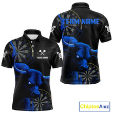 Load image into Gallery viewer, Blue Ferocious Bull Grunge Dartboard Darts Shirt For Men - Custom Name &amp; Team Jersey NYN0610
