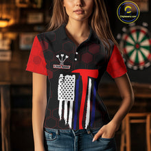 Load image into Gallery viewer, Red Dripping Dartboard &amp; US Flag Women&#39;s Darts Polo Shirt - Custom Name For Dart Players NYN0800