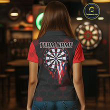 Load image into Gallery viewer, Red Dripping Dartboard &amp; US Flag Women&#39;s Darts Polo Shirt - Custom Name For Dart Players NYN0800