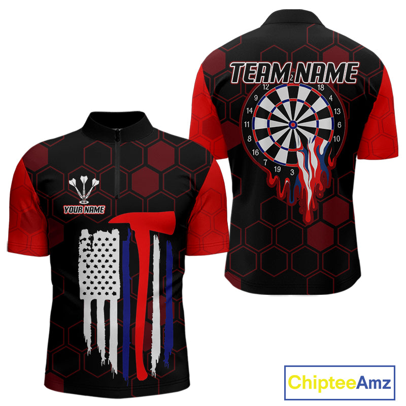 Red Dripping Dartboard & US Flag Men's Darts 1/4-Zip Shirt - Custom Name For Dart Players NYN0800