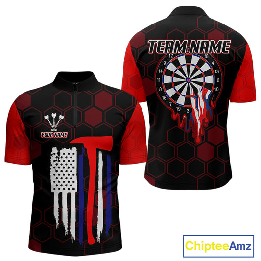 Red Dripping Dartboard & US Flag Men's Darts 1/4-Zip Shirt - Custom Name For Dart Players NYN0800