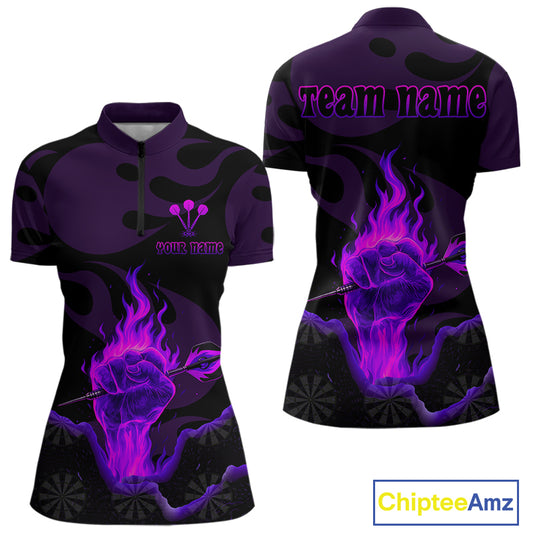Flaming Hand & Dart Arrow Darts Shirts For Women - Custom Name & Team | Opt2 - Purple NYN0640