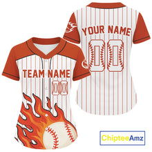 Load image into Gallery viewer, Orange Flame Baseball Ball Jersey For Women Custom Pinstripe Baseball Shirt NYN0820