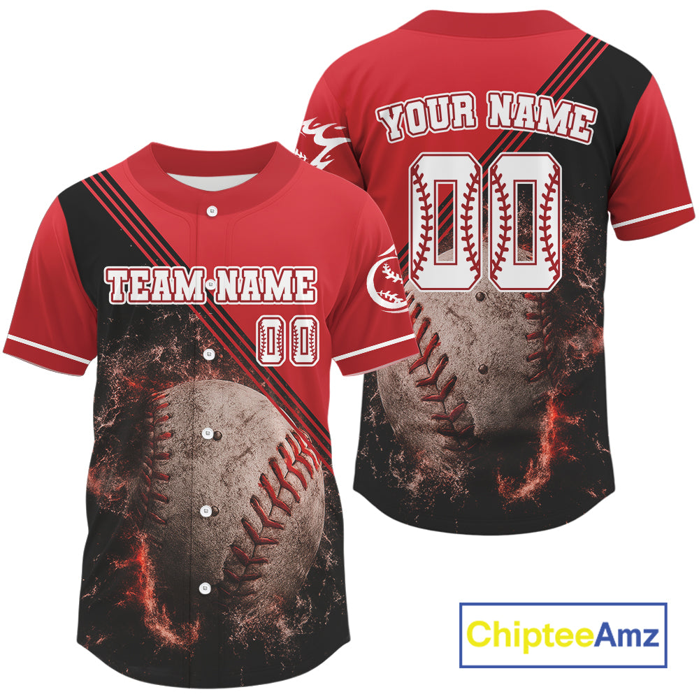 Black And Red Flame Baseball Ball Jersey Personalized Flaming Baseball Shirt For Men NYN0835