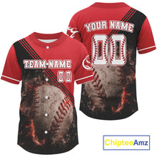 Load image into Gallery viewer, Black And Red Flame Baseball Ball Jersey Personalized Flaming Baseball Shirt For Men NYN0835