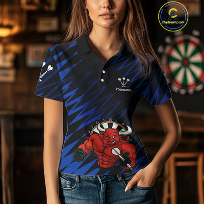 Maroon & White Bull Holding Dart Arrow Darts Shirt For Women - Custom Team Name |Blue NYN0381