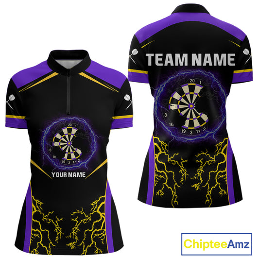 Yellow And Purple Lightning Scratched Dartboard Darts Shirt For Women - Custom Name NYN0383