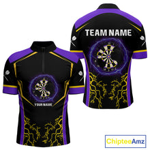 Load image into Gallery viewer, Yellow And Purple Lightning Scratched Dartboard Darts Shirt For Men - Custom Name NYN0383