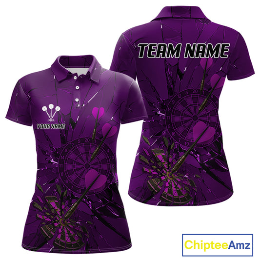 Cracked Dartboard Broken Glass Women's Darts Shirt Custom Name & Team | Opt3 - Purple NYN0655