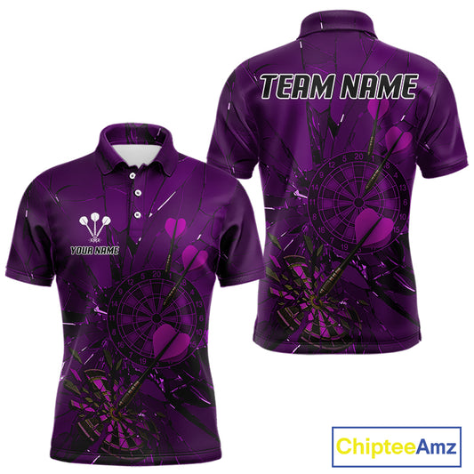 Cracked Dartboard Broken Glass Men's Darts Shirt Custom Name & Team | Opt3 - Purple NYN0655
