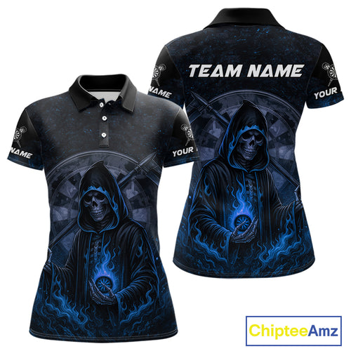 Custom Blue Skull Dartboard Grunge Polo Darts Jerseys For Women, Darts Team Shirt Uniform NYN0870