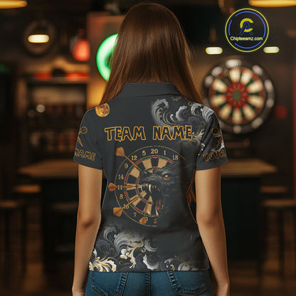 Black Ferocious Wolf & Gold Dartboard Darts Team Shirt For Women - Customizable Name NYN0389