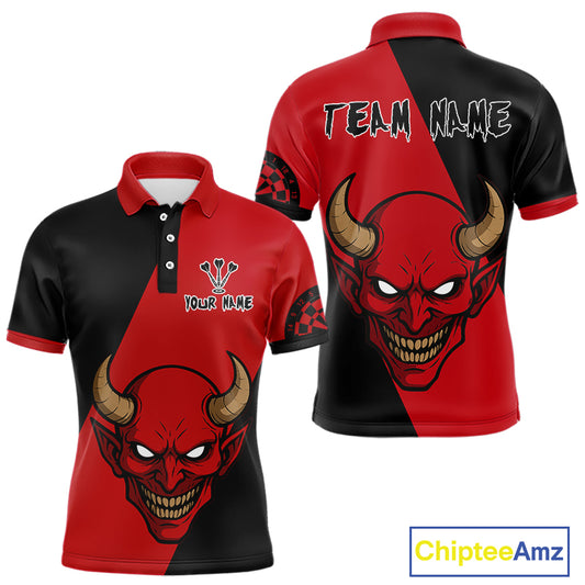 Red Evil Horned Skull Funny Darts Shirt For Men - Customizable Name & Team NYN0396