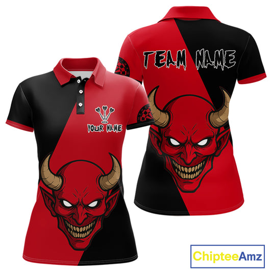 Red Evil Horned Skull Funny Darts Shirt For Women - Customizable Name & Team NYN0396