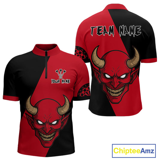 Red Evil Horned Skull Funny Darts Shirt For Men - Customizable Name & Team NYN0396