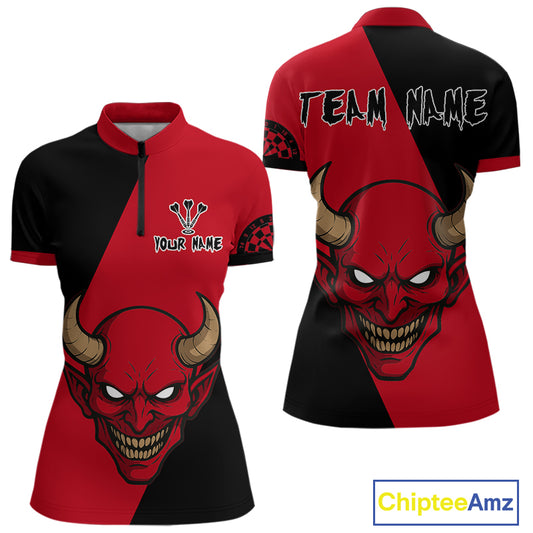 Red Evil Horned Skull Funny Darts Shirt For Women - Customizable Name & Team NYN0396