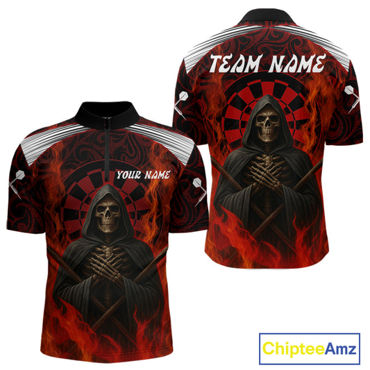 Red Dartboard Flaming The Reaper Darts Shirt For Men - Customizable Name & Team NYN0405