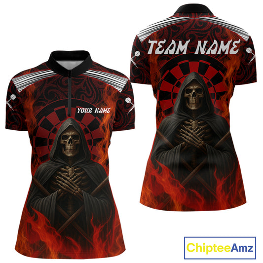 Red Dartboard Flaming The Reaper Darts Shirt For Women - Customizable Name & Team NYN0405