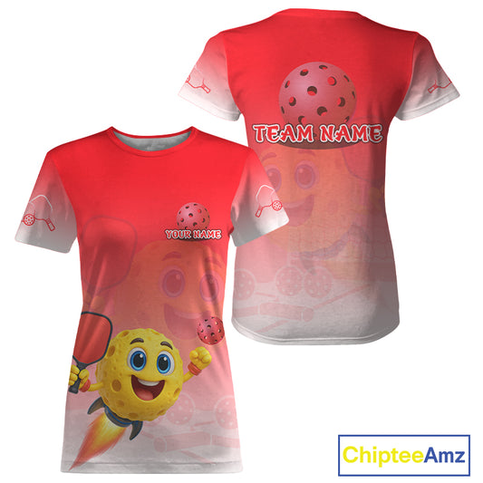 Custom Red-Yellow Funny Pickleball Ball T-Shirt For Women Rocket Pickleball Shirt For Fans NYN0886