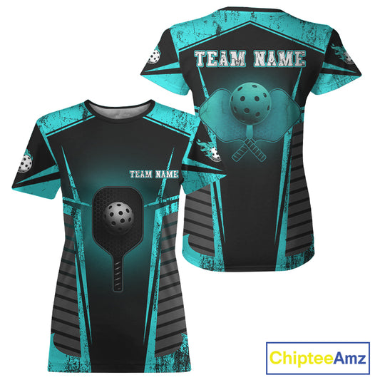 Custom Turquoise Grunge Pickleball Ball T-Shirt For Women Outfit Pickleball Team Jerseys NYN1299